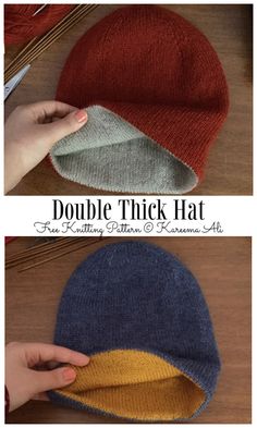 two pictures showing how to make a double thick hat with the same color and pattern