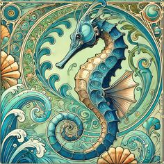 a painting of a sea horse in blue and green colors with waves, shells and swirls around it