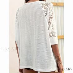 Lasaky - Lace Panel Short Sleeve Hollow Out Sexy Chic Comfortable Knit Top Stretch Hollow Out Sweater For Fall, Stretch Fall Sweater With Hollow Out Design, Fall Vacation Sweater With Stretch, Fall Vacation Stretch Sweater, Knit Long Sleeve Tops For Vacation, Crew Neck Stretch Sweater For Beach, Knit Tops For Vacation In Fall, Casual Stretch Sweater For Vacation, Textured Knit Tops For Fall Vacation