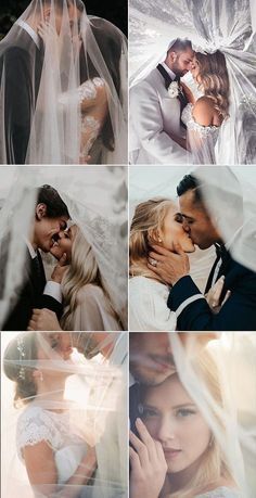 a collage of photos showing the bride and groom kissing under veils with their faces close together