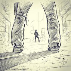 a drawing of two people standing in the middle of a street with their feet up