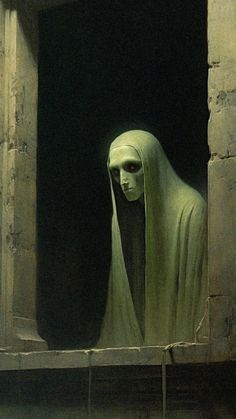 a painting of a woman in a white veil looking out an open window at the night