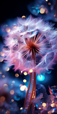 a dandelion with blue and pink lights in the background