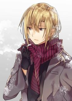 an anime character with blonde hair wearing a purple coat and scarf, holding his hand to his ear