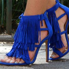 Heel Sandals Outfit, Blue High Heels, Fringe Heels, Belek, Sandals Outfit, Fabulous Shoes, Hot Shoes, High Heels Stilettos, Womens Fashion Trends