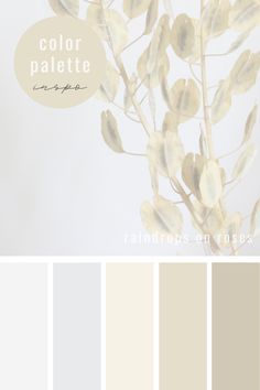 the color palette is neutral and white with some green leaves on it, including yellow