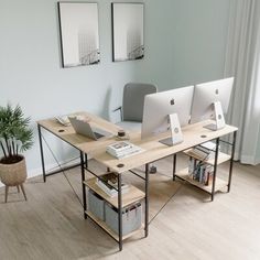 a desk with two computers on it in front of a potted plant and bookshelf