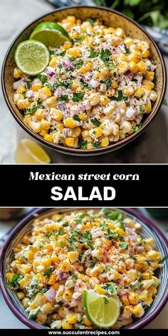 mexican street corn salad in a bowl with limes and cilantro on the side