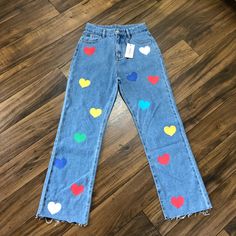 New!! Tag Great Condition Details Of The Picture 95%Cotton 5% Viscoze Turquoise Jeans, Black Wide Leg Jeans, Thrift Flips, Checkered Pants, Retro Jeans, Jean Color, Patterned Jeans, Lined Jeans, Raw Hem Jeans