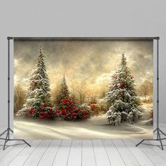 an image of christmas trees in the snow with red berries and mists on them