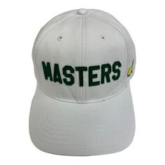 Officially licensed Masters varsity lettering caddy slouch hat is a classic and has Masters emblem on the side. Features an adjustable buckle snap backing and is 100% cotton. Made by American Needle. Size: one size.  Color: White.  Age Group: adult. Augusta National, Varsity Letter, Slouch Hat, Golf Sport, Snap Backs, Golf Equipment, Golf Outfit, Age Group, Color White