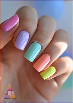 Add a touch of sophistication to your style with these sleek pastel nails. Each nail showcases a soft gradient of pastel colors, making them a versatile choice for any outfit or event. For more elegant nail designs, head over to nailhow.com. Multicoloured Nails, Nail Polish Art Designs, Pastel Nail Art, Soft Gradient, Pastel Nails Designs, Easter Nail, Pastel Nail Polish, Makeup Nails Designs, Pastel Nail