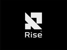 the rise logo is shown on a black background with white letters and an arrow in the middle