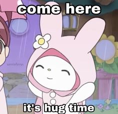 a cartoon character holding an umbrella with the caption, come here it's hug time