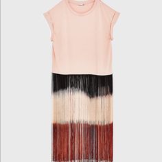 Zara Womens Ombre Pink Black Long Fringe Tee Shirt Festival Boho 100% Cotton Size Small -Oversized Fit... New Chic Zara T-shirt With Crew Neck, Casual Summer Fringe T-shirt, Casual Short Sleeve Fringe T-shirt, Trendy Short Sleeve T-shirt With Fringe, Trendy Fringe Short Sleeve T-shirt, Trendy Short Sleeve Fringe T-shirt, Spring Crew Neck Top With Fringe, Spring Fringe Crew Neck Tops, Casual Crew Neck T-shirt With Fringe