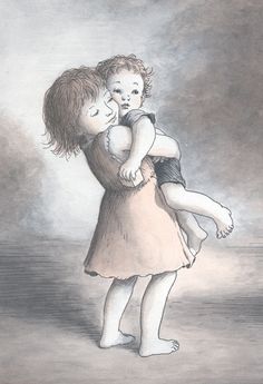 a drawing of two children hugging each other