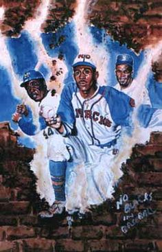 a painting of three baseball players on a brick wall