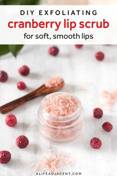 This DIY cranberry lip scrub is the best way to gently exfoliate dry, chapped lips! It’s made with real cranberry powder for a delicious and fruity fragrance. Whip up this easy vegan lip exfoliator in minutes for soft, smooth lips. Simple recipe with only a few natural ingredients, including sugar and moisturizing coconut oil. #lipscrub #alifeadjacent #sugarscrub Exfoliate Lips, Cranberry Powder, Soap Business, Natural Recipes