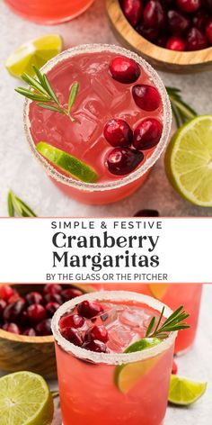 cranberry margarita with lime and rosemary garnish on the rim