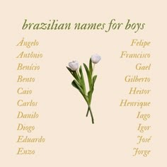 the names of brazilian names for boys on a beige background with white tulips