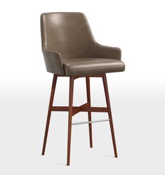 an upholstered bar stool with wooden legs and a grey leather seat, viewed from the front