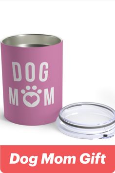 a pink dog mom gift mug with the lid open