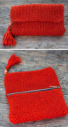 two photos of red knitted bags with tassels