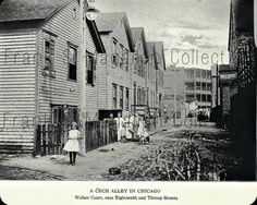 an old black and white photo of people standing in front of some buildings with the word collect on it