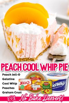 A close-up shot of a slice of Peach Cool Whip Pie on a plate topped with slices of peaches Cool Aide Pie, Peach Things, Jello Fluff, Peaches And Cream Dessert, Easy Pies, 2024 Plan, Easy Peach Pie, Cool Whip Pies