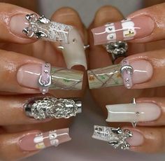 Camo Inspired Nails, Nail Designs Accessories, Long Square Nails Winter, Pretty Birthday Nails, Belt Nails, 21 Nails, Lace Nail Design, Nyc Nails