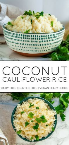 coconut cauliflower rice in a blue bowl with parsley on top and the title above it reads, coconut cauliflower rice