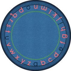 a blue rug with letters and numbers in the center, on top of a white background