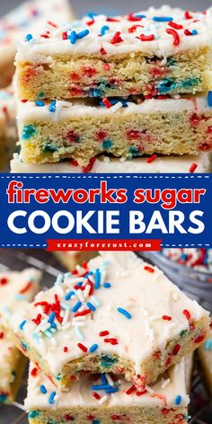 Learn how to make fireworks sugar cookie bars! With a homemade vanilla buttercream frosting plus lots of red, white, and blue sprinkles, these patriotic sugar cookie bars are a simple 4th of July dessert everyone will enjoy. Save this easy 4th of July recipe! Amazing Cheesecake, Blue Foods, Sugar Cookie Bar Recipe, 4th Of July Cookies, Homemade Sugar Cookies, Patriotic Desserts, Themed Food, Sugar Cookie Bars, 4th Of July Desserts