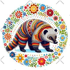 an animal with colorful patterns on it's body and flowers in the back ground