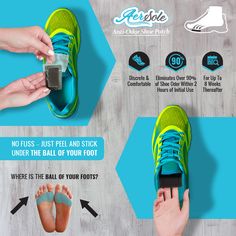 an advertisement showing how to use foot reflex pads for walking and running with the help of two hands