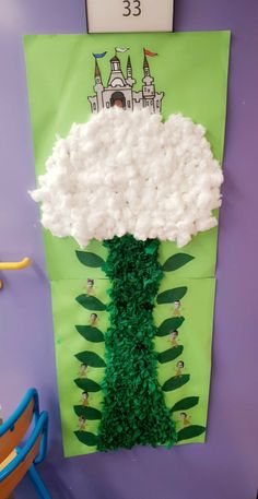 a child's room decorated in green, white and blue with clouds on top