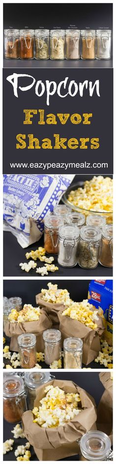 popcorn flavored shakers are on display in plastic containers with the words popcorn flavorers above them