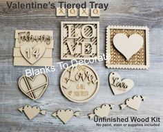 valentine's themed tray with hearts to decorate and unfinished wood cutouts for crafts