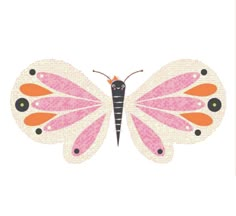 a pink butterfly with orange and black wings