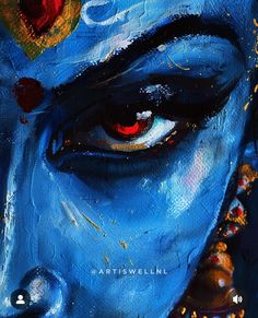 an artistic painting of a blue face with red eyes