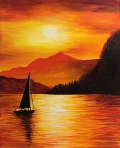 a painting of a sailboat on a lake at sunset with mountains in the background