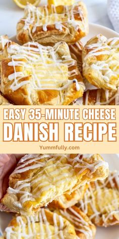 an image of danish pastries with lemon drizzled on top and the words easy 3 - minute cheese danish recipe