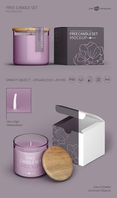 the packaging design for candles is shown in three different colors, including purple and white