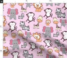 a pink background with various animals and zebras on the same fabric, as well as numbers