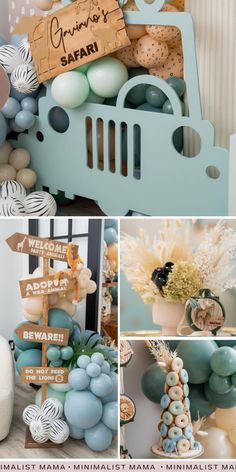 a collage of photos with balloons and decorations