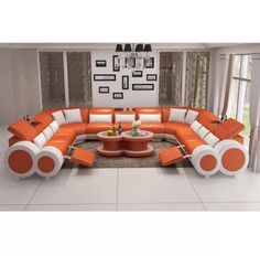 an orange and white sectional sofa in a living room