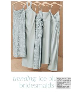 three bridesmaid dresses hanging on a rack with the words trending ice blue bridals