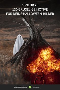 an advertisement for spooky's halloween movie, featuring a ghost and fire