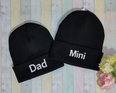 "-----The price is for two machine embroidered beanies----- QUALITY:    100% Polyacrylic (Soft-Touch) Double layer knit Cuffed design Dimensions: Adults: 20 x 30 cm (7.87\" x 11.81\") Kids: 18 x 24 cm (7.09\" x 9.45\")" Cotton Beanie Cap With Letter Print, Cotton Beanie With Letter Print, Cotton Winter Hat As A Gift, Cotton Winter Hat For Gift, Winter Cotton Hat For Gifts, Cotton Winter Hat As Gift, Winter Cotton Hat As Gift, Black Embroidered Beanie, One Size Fits Most, Black Embroidered Beanie One Size