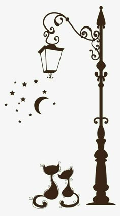 an image of a lamp post with cats under it and stars on the sky above